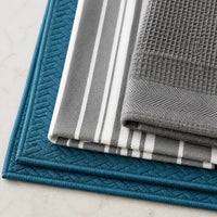 Kit Cocina Absorbente 4 Piezas: 2 Mat Secaplatos + 2 Paños Algodón — Turquesa / Líneas Gris