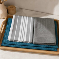 Kit Cocina Absorbente 4 Piezas: 2 Mat Secaplatos + 2 Paños Algodón — Turquesa / Líneas Gris