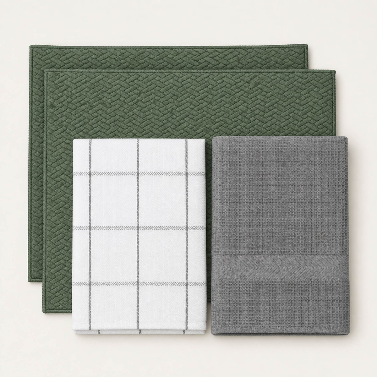 Kit Cocina Absorbente 4 Piezas: 2 Mat Secaplatos + 2 Paños Algodón — Verde Olivo / Cuadros Gris