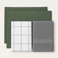 Kit Cocina Absorbente 4 Piezas: 2 Mat Secaplatos + 2 Paños Algodón — Verde Olivo / Cuadros Gris