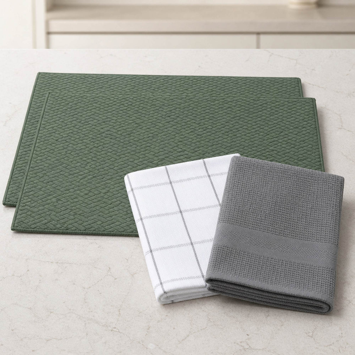 Kit Cocina Absorbente 4 Piezas: 2 Mat Secaplatos + 2 Paños Algodón — Verde Olivo / Cuadros Gris