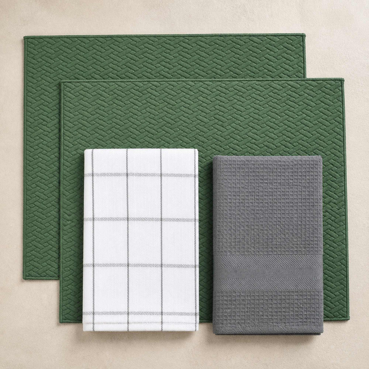 Kit Cocina Absorbente 4 Piezas: 2 Mat Secaplatos + 2 Paños Algodón — Verde Olivo / Cuadros Gris
