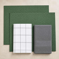 Kit Cocina Absorbente 4 Piezas: 2 Mat Secaplatos + 2 Paños Algodón — Verde Olivo / Cuadros Gris
