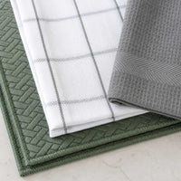 Kit Cocina Absorbente 4 Piezas: 2 Mat Secaplatos + 2 Paños Algodón — Verde Olivo / Cuadros Gris
