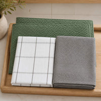 Kit Cocina Absorbente 4 Piezas: 2 Mat Secaplatos + 2 Paños Algodón — Verde Olivo / Cuadros Gris