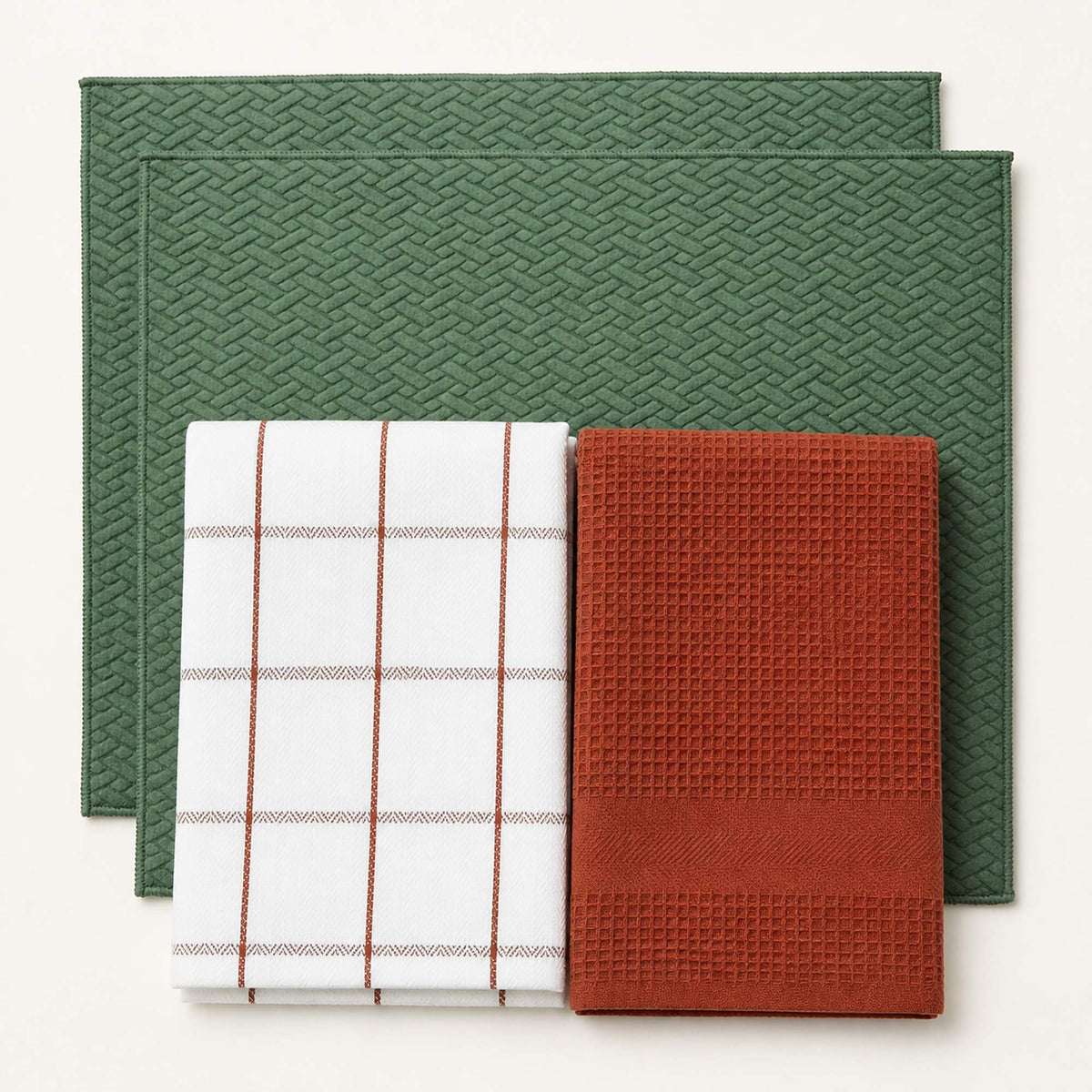 Kit Cocina Absorbente 4 Piezas: 2 Mat Secaplatos + 2 Paños Algodón — Verde Olivo / Cuadros Terracota