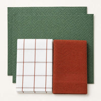 Kit Cocina Absorbente 4 Piezas: 2 Mat Secaplatos + 2 Paños Algodón — Verde Olivo / Cuadros Terracota