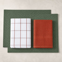 Kit Cocina Absorbente 4 Piezas: 2 Mat Secaplatos + 2 Paños Algodón — Verde Olivo / Cuadros Terracota