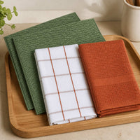 Kit Cocina Absorbente 4 Piezas: 2 Mat Secaplatos + 2 Paños Algodón — Verde Olivo / Cuadros Terracota