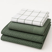 Kit Cocina Absorbente 4 Piezas: 2 Mat Secaplatos + 2 Paños Algodón — Verde Olivo / Cuadros Verde Olivo