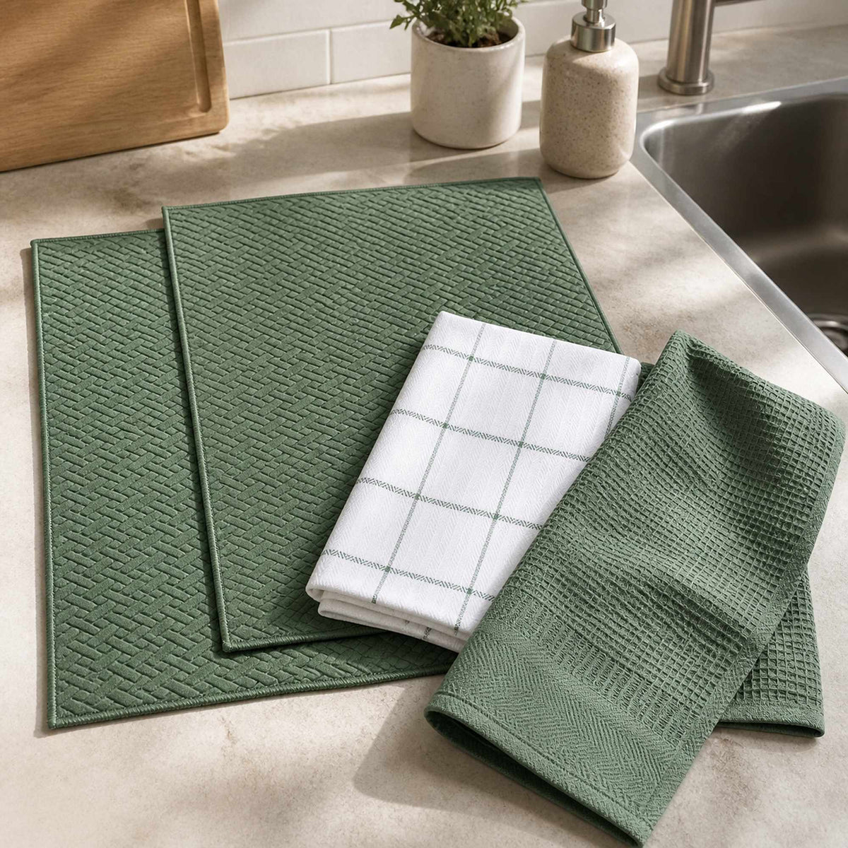 Kit Cocina Absorbente 4 Piezas: 2 Mat Secaplatos + 2 Paños Algodón — Verde Olivo / Cuadros Verde Olivo