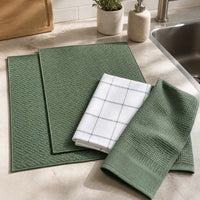Kit Cocina Absorbente 4 Piezas: 2 Mat Secaplatos + 2 Paños Algodón — Verde Olivo / Cuadros Verde Olivo