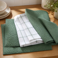 Kit Cocina Absorbente 4 Piezas: 2 Mat Secaplatos + 2 Paños Algodón — Verde Olivo / Cuadros Verde Olivo