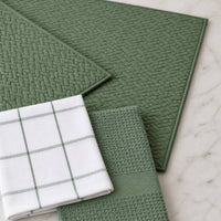 Kit Cocina Absorbente 4 Piezas: 2 Mat Secaplatos + 2 Paños Algodón — Verde Olivo / Cuadros Verde Olivo