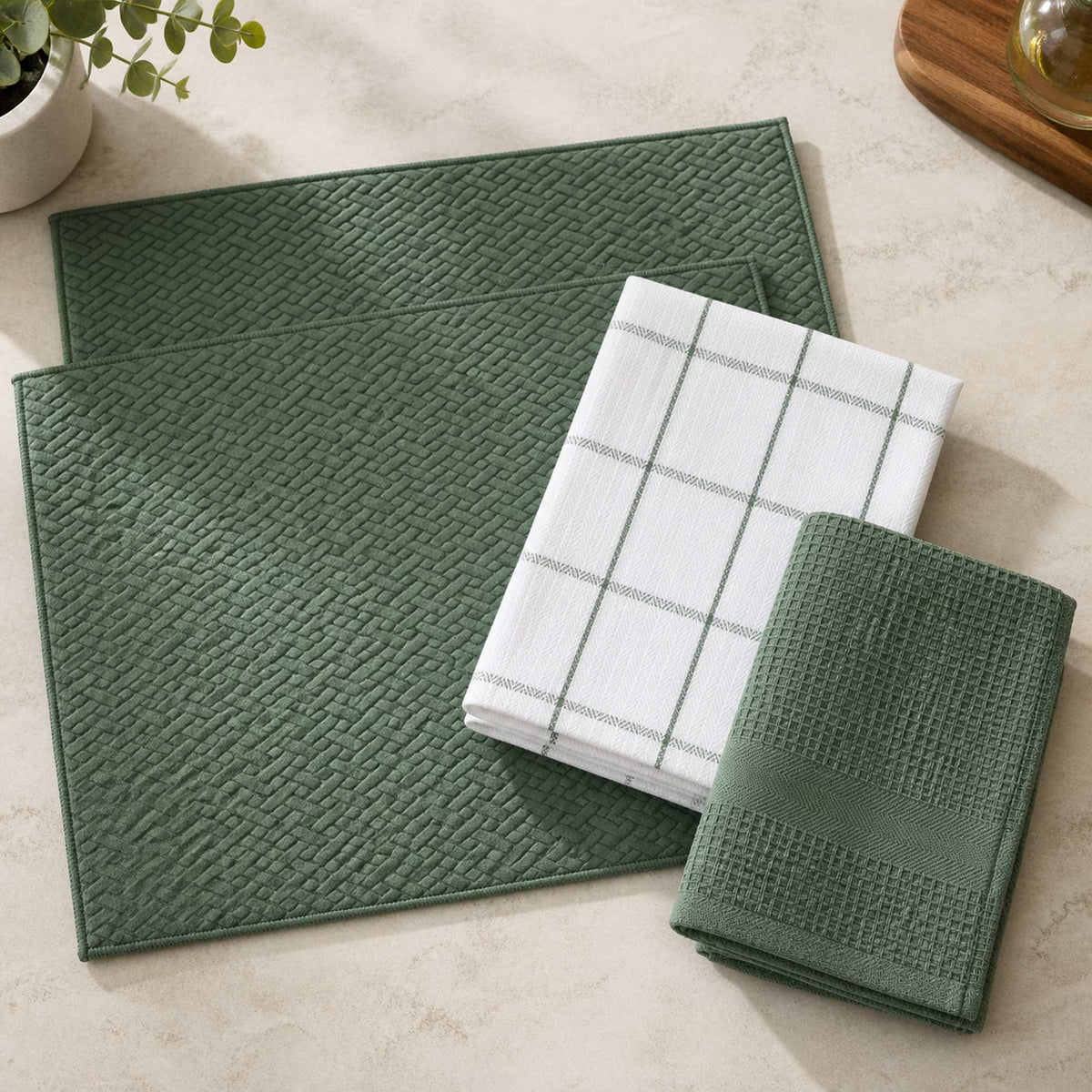 Kit Cocina Absorbente 4 Piezas: 2 Mat Secaplatos + 2 Paños Algodón — Verde Olivo / Cuadros Verde Olivo