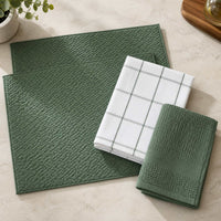 Kit Cocina Absorbente 4 Piezas: 2 Mat Secaplatos + 2 Paños Algodón — Verde Olivo / Cuadros Verde Olivo