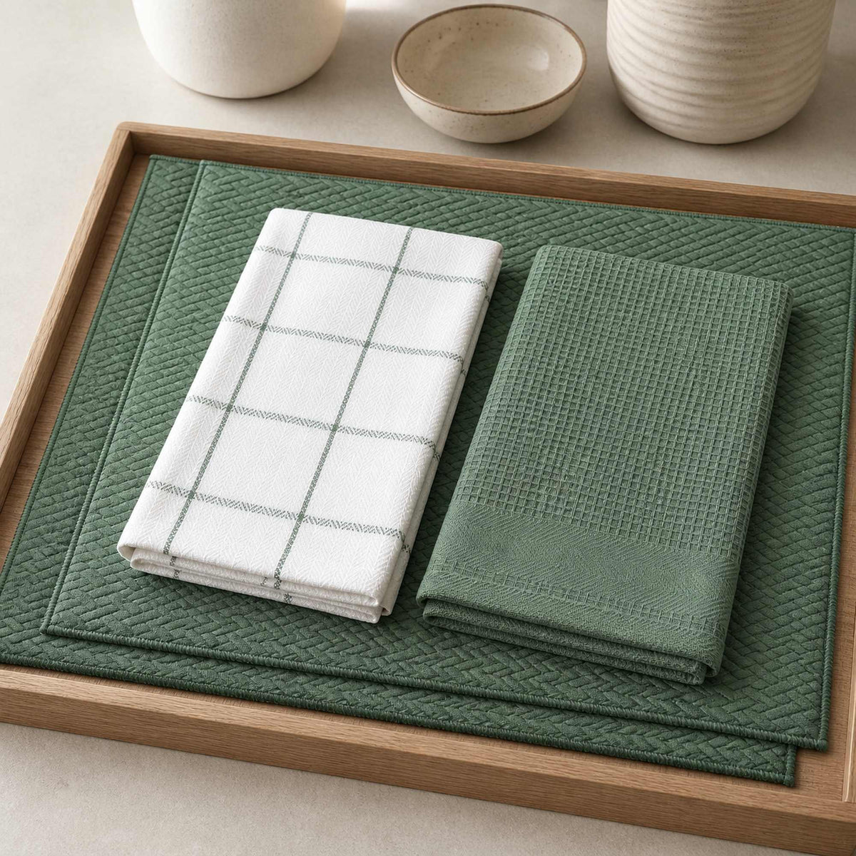 Kit Cocina Absorbente 4 Piezas: 2 Mat Secaplatos + 2 Paños Algodón — Verde Olivo / Cuadros Verde Olivo