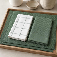 Kit Cocina Absorbente 4 Piezas: 2 Mat Secaplatos + 2 Paños Algodón — Verde Olivo / Cuadros Verde Olivo