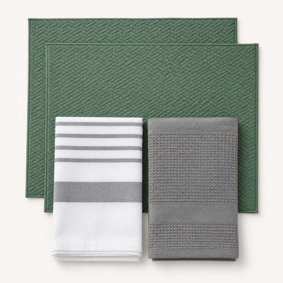 Kit Cocina Absorbente 4 Piezas: 2 Mat Secaplatos + 2 Paños Algodón — Verde Olivo / Gris