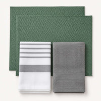 Kit Cocina Absorbente 4 Piezas: 2 Mat Secaplatos + 2 Paños Algodón — Verde Olivo / Gris
