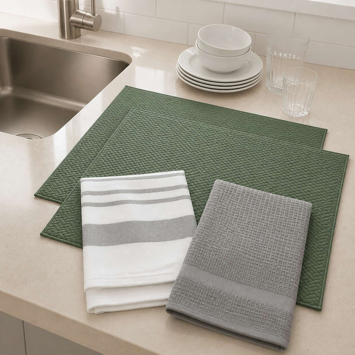 Kit Cocina Absorbente 4 Piezas: 2 Mat Secaplatos + 2 Paños Algodón — Verde Olivo / Gris