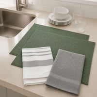 Kit Cocina Absorbente 4 Piezas: 2 Mat Secaplatos + 2 Paños Algodón — Verde Olivo / Gris