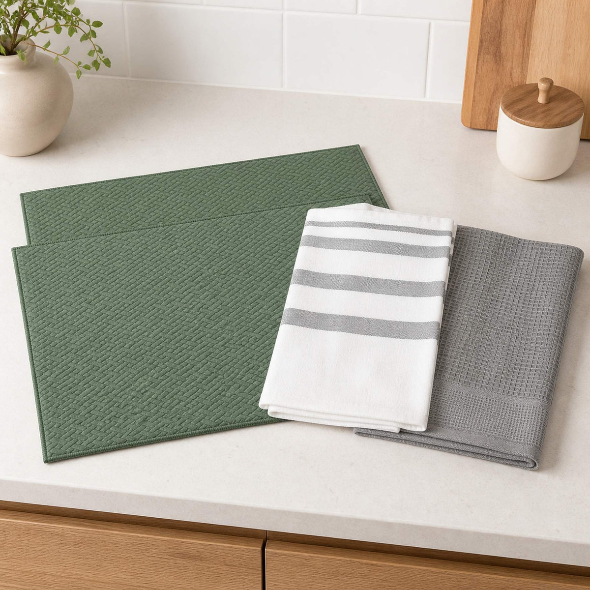Kit Cocina Absorbente 4 Piezas: 2 Mat Secaplatos + 2 Paños Algodón — Verde Olivo / Gris