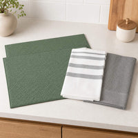 Kit Cocina Absorbente 4 Piezas: 2 Mat Secaplatos + 2 Paños Algodón — Verde Olivo / Gris