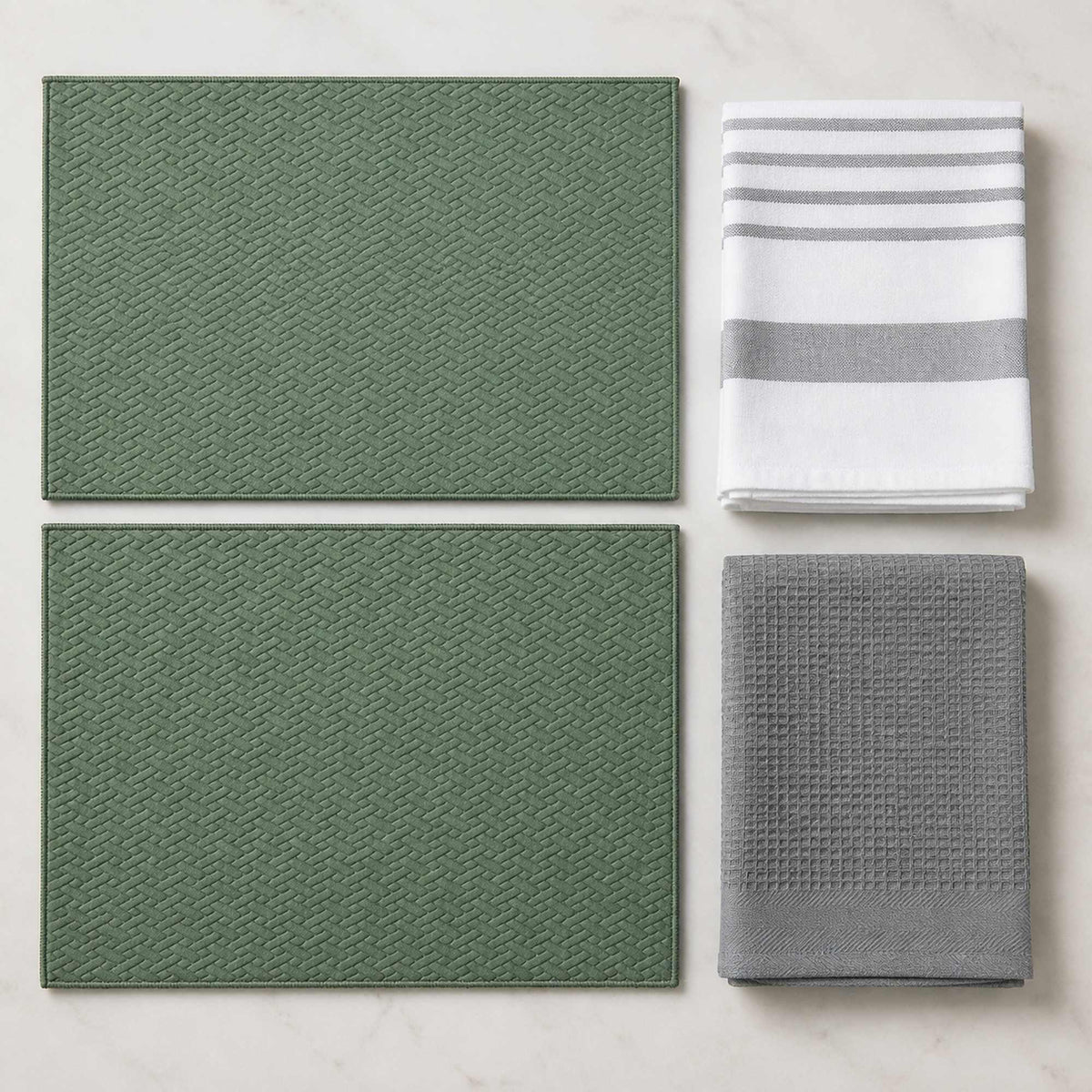 Kit Cocina Absorbente 4 Piezas: 2 Mat Secaplatos + 2 Paños Algodón — Verde Olivo / Gris