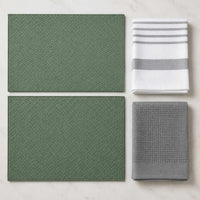 Kit Cocina Absorbente 4 Piezas: 2 Mat Secaplatos + 2 Paños Algodón — Verde Olivo / Gris