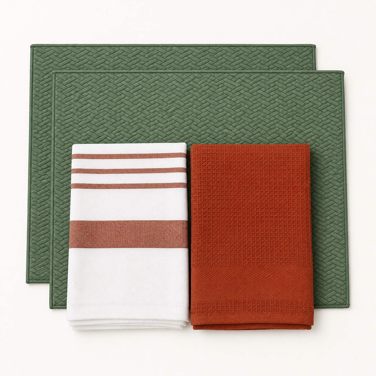 Kit Cocina Absorbente 4 Piezas: 2 Mat Secaplatos + 2 Paños Algodón — Verde Olivo / Líneas Terracota