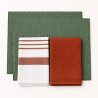 Kit Cocina Absorbente 4 Piezas: 2 Mat Secaplatos + 2 Paños Algodón — Verde Olivo / Líneas Terracota