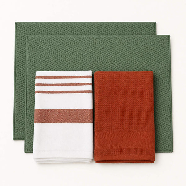 Kit Cocina Absorbente 4 Piezas: 2 Mat Secaplatos + 2 Paños Algodón — Verde Olivo / Líneas Terracota