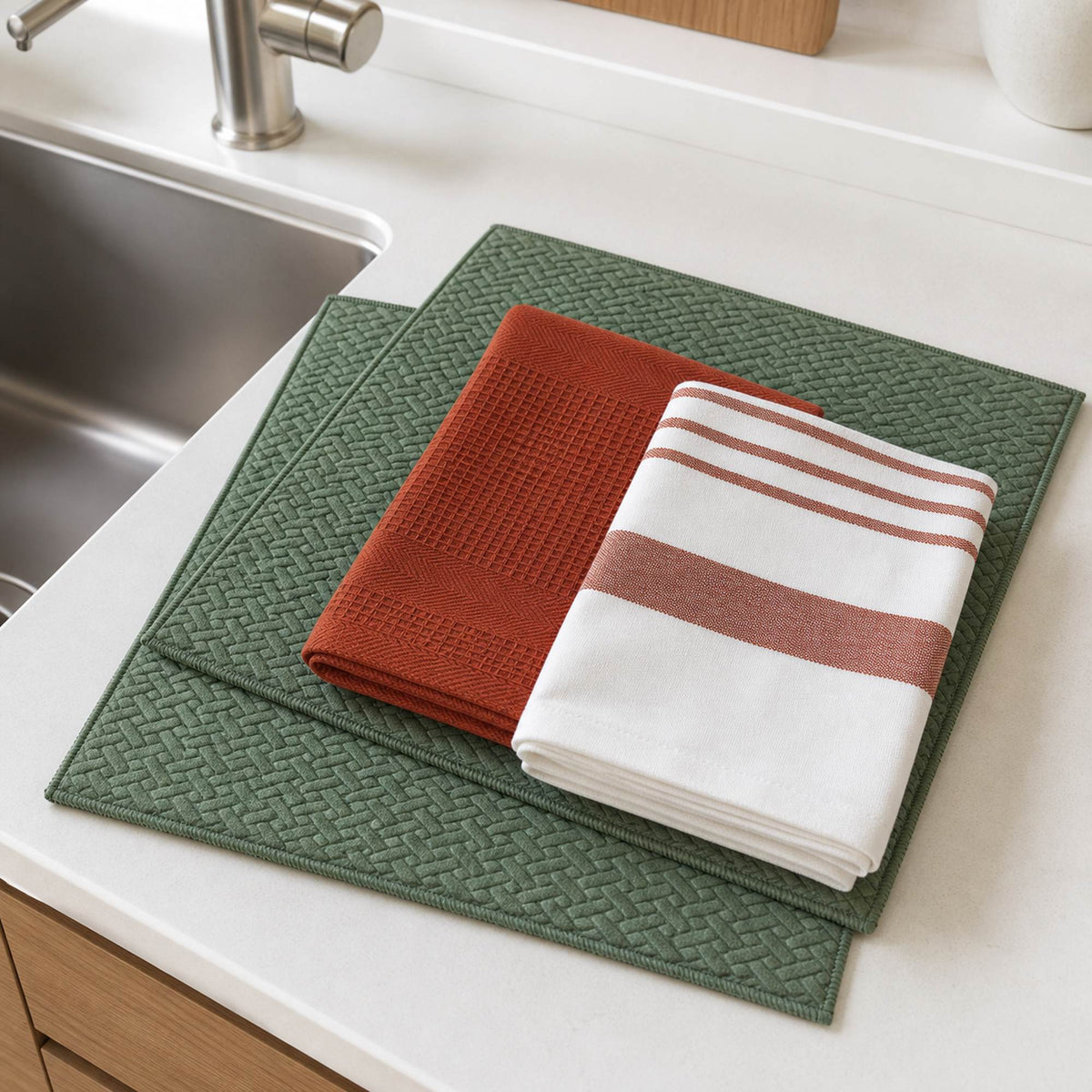 Kit Cocina Absorbente 4 Piezas: 2 Mat Secaplatos + 2 Paños Algodón — Verde Olivo / Líneas Terracota