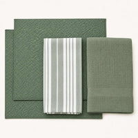 Kit Cocina Absorbente 4 Piezas: 2 Mat Secaplatos + 2 Paños Algodón — Verde Olivo / Líneas Verde Olivo