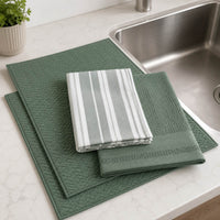 Kit Cocina Absorbente 4 Piezas: 2 Mat Secaplatos + 2 Paños Algodón — Verde Olivo / Líneas Verde Olivo