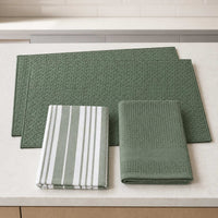 Kit Cocina Absorbente 4 Piezas: 2 Mat Secaplatos + 2 Paños Algodón — Verde Olivo / Líneas Verde Olivo