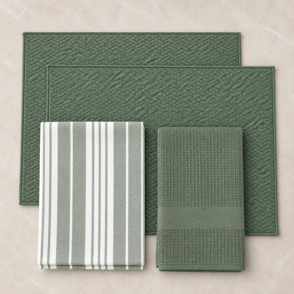 Kit Cocina Absorbente 4 Piezas: 2 Mat Secaplatos + 2 Paños Algodón — Verde Olivo / Líneas Verde Olivo