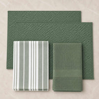 Kit Cocina Absorbente 4 Piezas: 2 Mat Secaplatos + 2 Paños Algodón — Verde Olivo / Líneas Verde Olivo