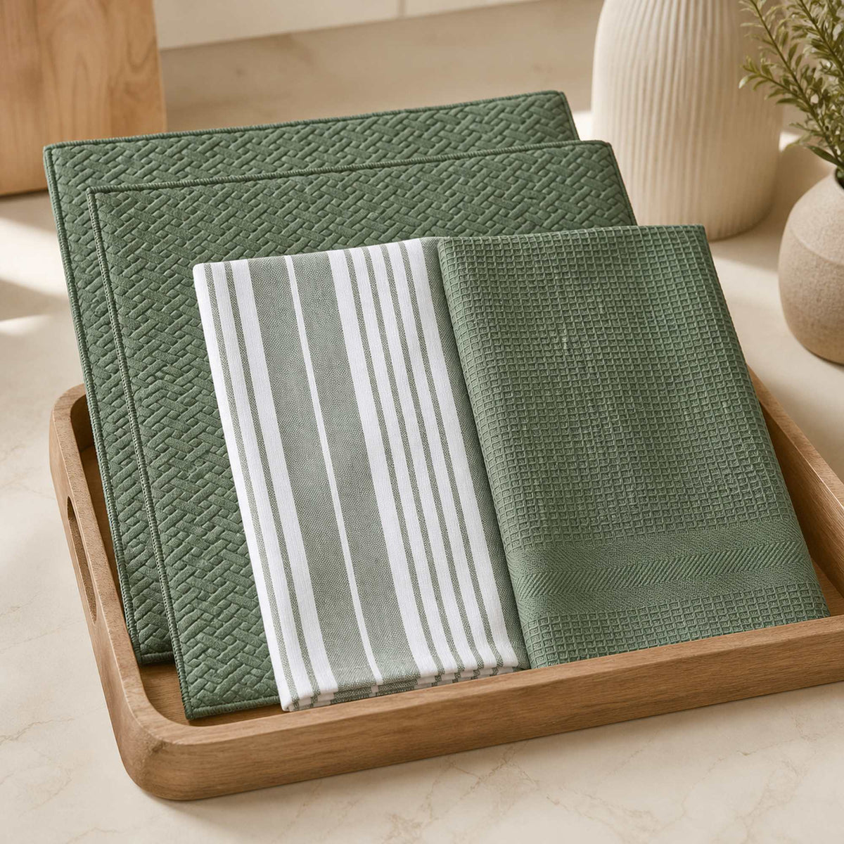 Kit Cocina Absorbente 4 Piezas: 2 Mat Secaplatos + 2 Paños Algodón — Verde Olivo / Líneas Verde Olivo