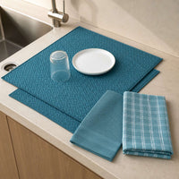 Kit Cocina Absorbente 4 Piezas: 2 Mat Secaplatos + 2 Paños Algodón — Turquesa