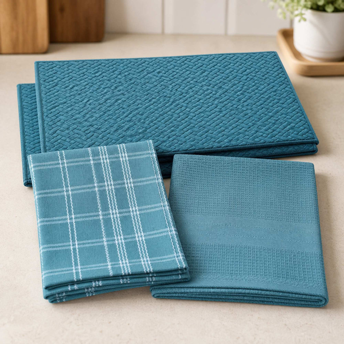 Kit Cocina Absorbente 4 Piezas: 2 Mat Secaplatos + 2 Paños Algodón — Turquesa