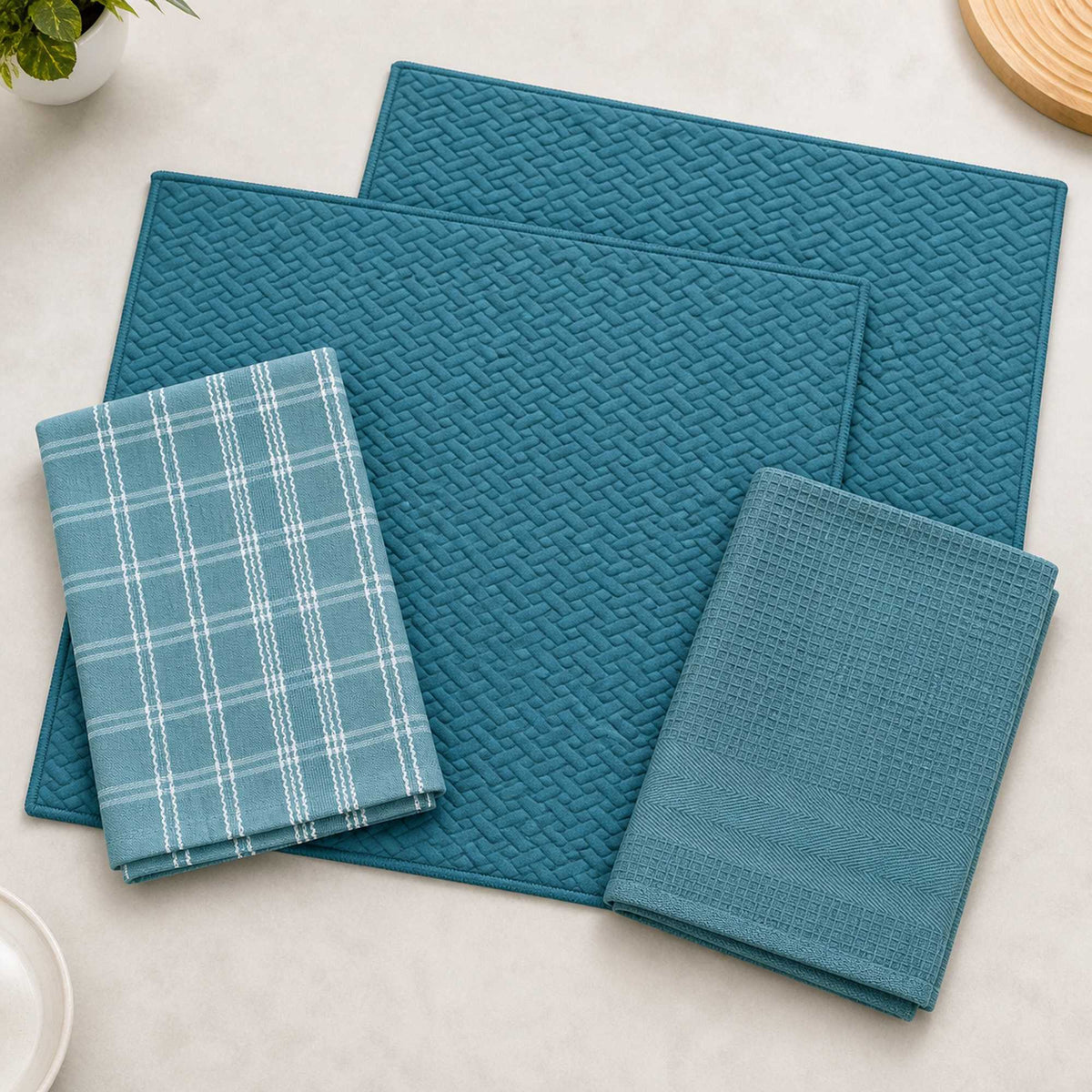 Kit Cocina Absorbente 4 Piezas: 2 Mat Secaplatos + 2 Paños Algodón — Turquesa