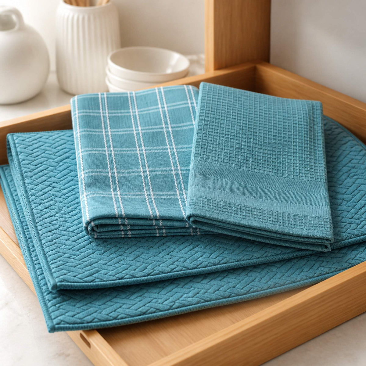Kit Cocina Absorbente 4 Piezas: 2 Mat Secaplatos + 2 Paños Algodón — Turquesa