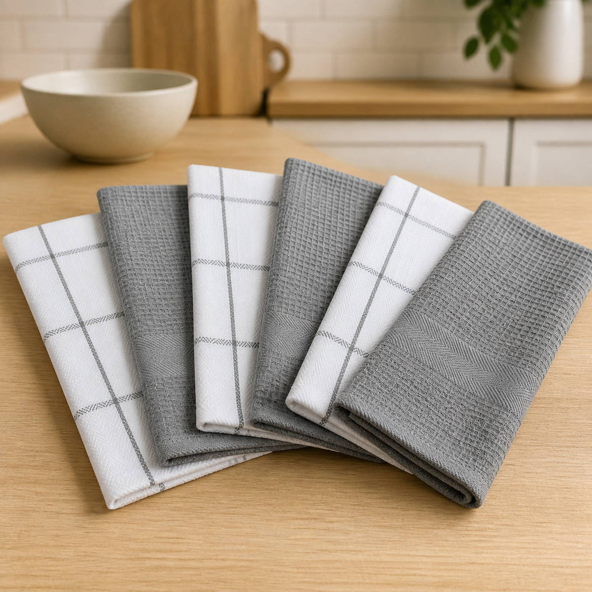 Set 6 Paños de Cocina 100% algodón 50x70 cm - Cuadros Gris 200GR