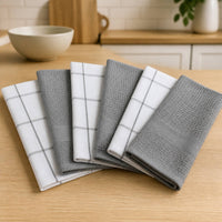 Set 6 Paños de Cocina 100% algodón 50x70 cm - Cuadros Gris 200GR
