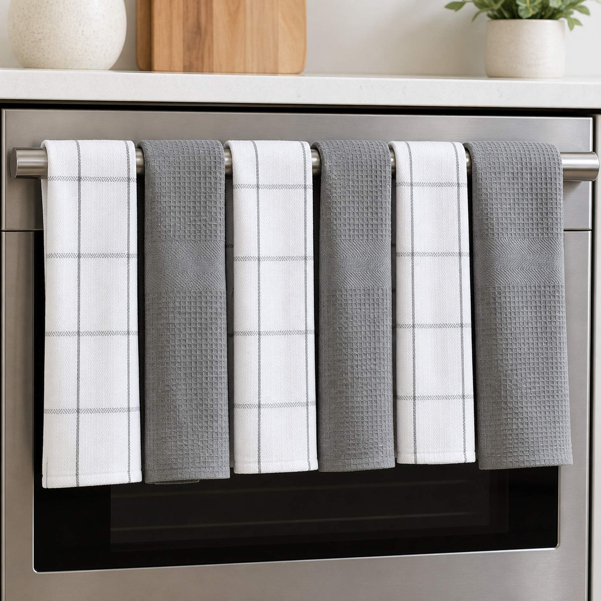 Set 6 Paños de Cocina 100% algodón 50x70 cm - Cuadros Gris 200GR