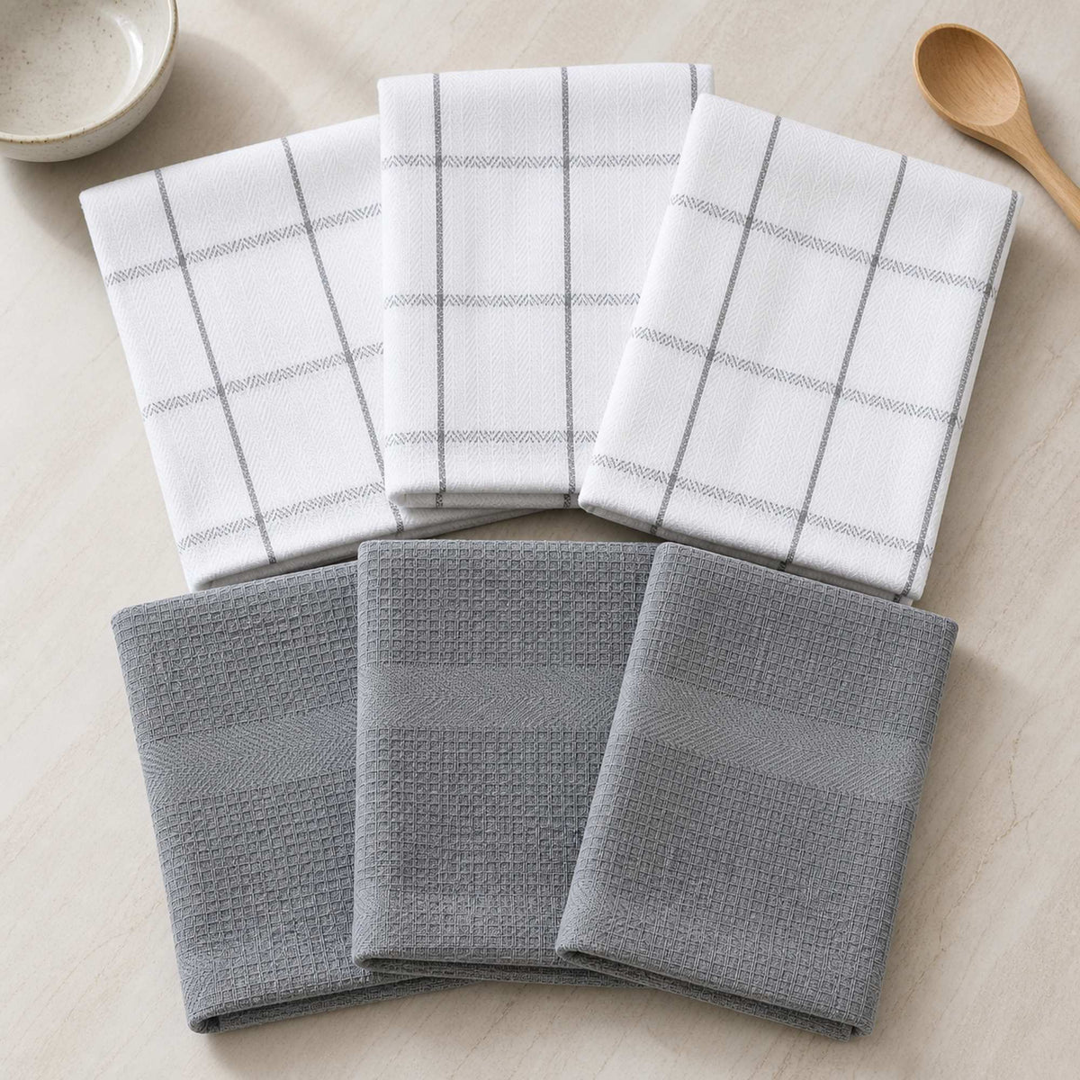 Set 6 Paños de Cocina 100% algodón 50x70 cm - Cuadros Gris 200GR