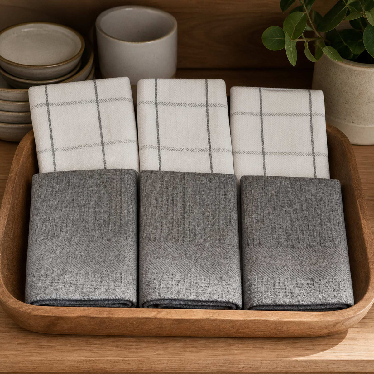 Set 6 Paños de Cocina 100% algodón 50x70 cm - Cuadros Gris 200GR