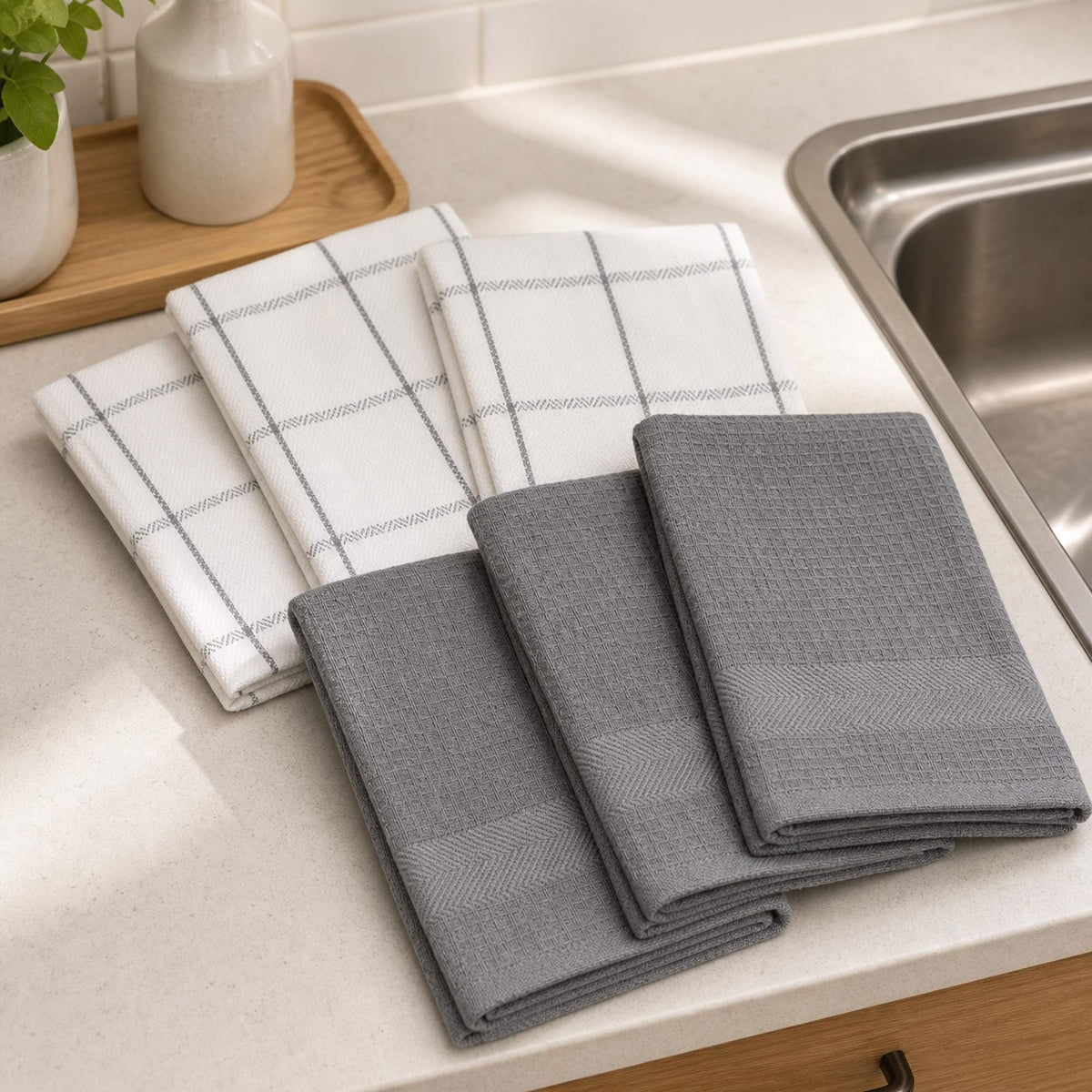 Set 6 Paños de Cocina 100% algodón 50x70 cm - Cuadros Gris 200GR